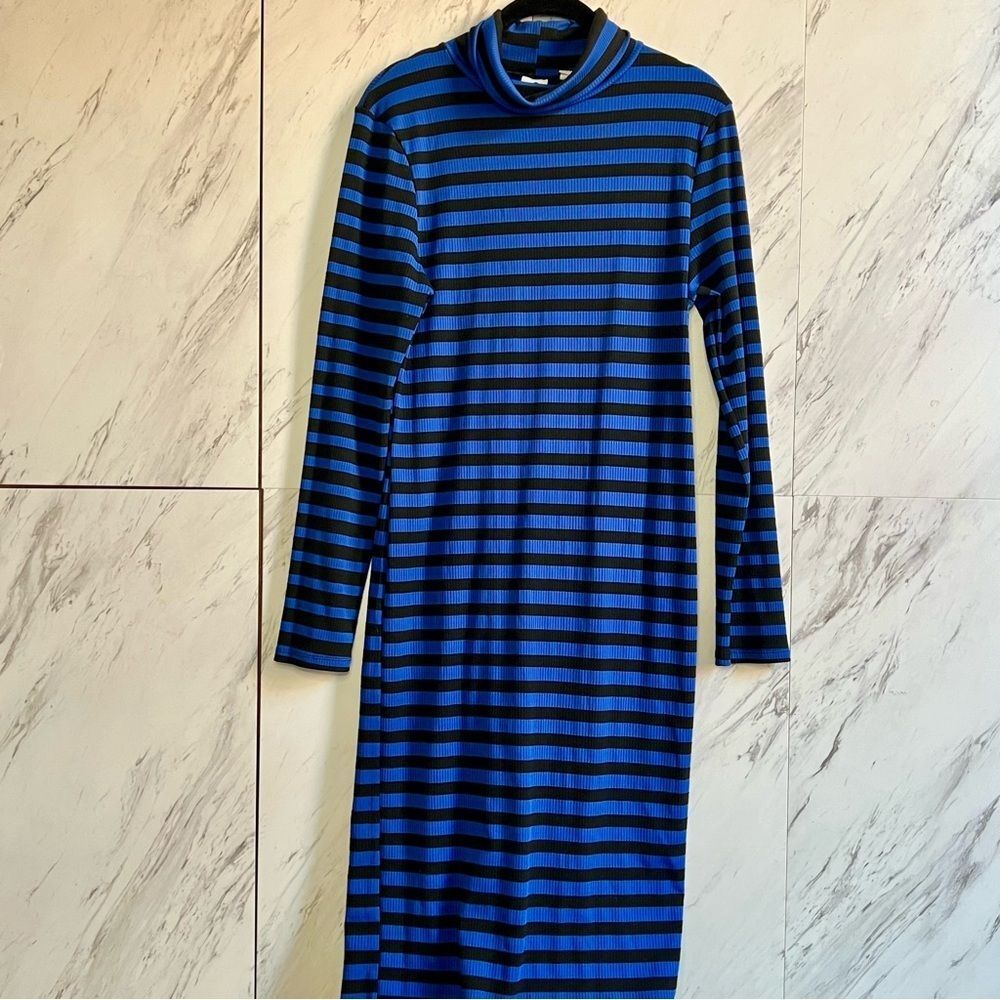 3/$50 COLLUSION Blue Black Stripe Turtleneck Bodycon Long Sleeve Maxi Dress 12